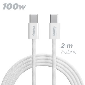 Il cavo Onex USB-C a USB-C da 100W in colorazione bianca. L'immagine evidenzia la trama del rivestimento in tessuto ultraresistente e i robusti connettori in metallo."