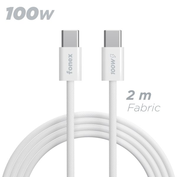 Il cavo Onex USB-C a USB-C da 100W in colorazione bianca. L'immagine evidenzia la trama del rivestimento in tessuto ultraresistente e i robusti connettori in metallo."