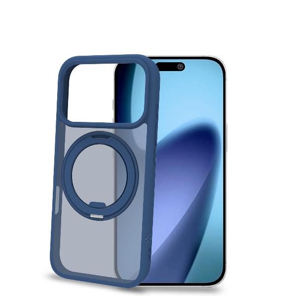 Custodia Celly MAGSTAND Nera per iPhone 17 Pro, vista frontale con anello-stand esteso. MagSafe, TPU, Supporto 360°.