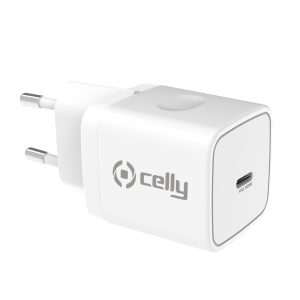 Il caricatore ultra-compatto Celly PRO POWER da 30W con tecnologia GaN, che mostra la sua singola porta USB-C e il suo design minimalista.