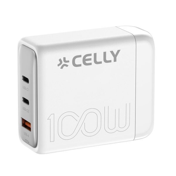 Il caricatore Power Station Celly PRO POWER da 100W, che mostra il suo design compatto e le sue tre porte (due USB-C e una USB-A).