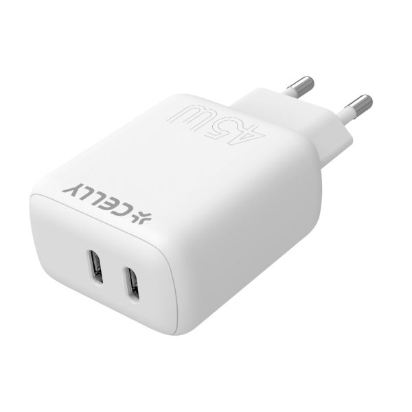 Caricatore da muro Celly PRO POWER TC2USBC45W a doppia porta USB-C da 45W.