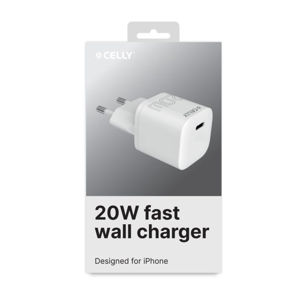 aricatore da muro Celly USB-C da 20W, di colore bianco, mostrato di tre quarti per evidenziarne il design compatto e la singola porta USB-C.