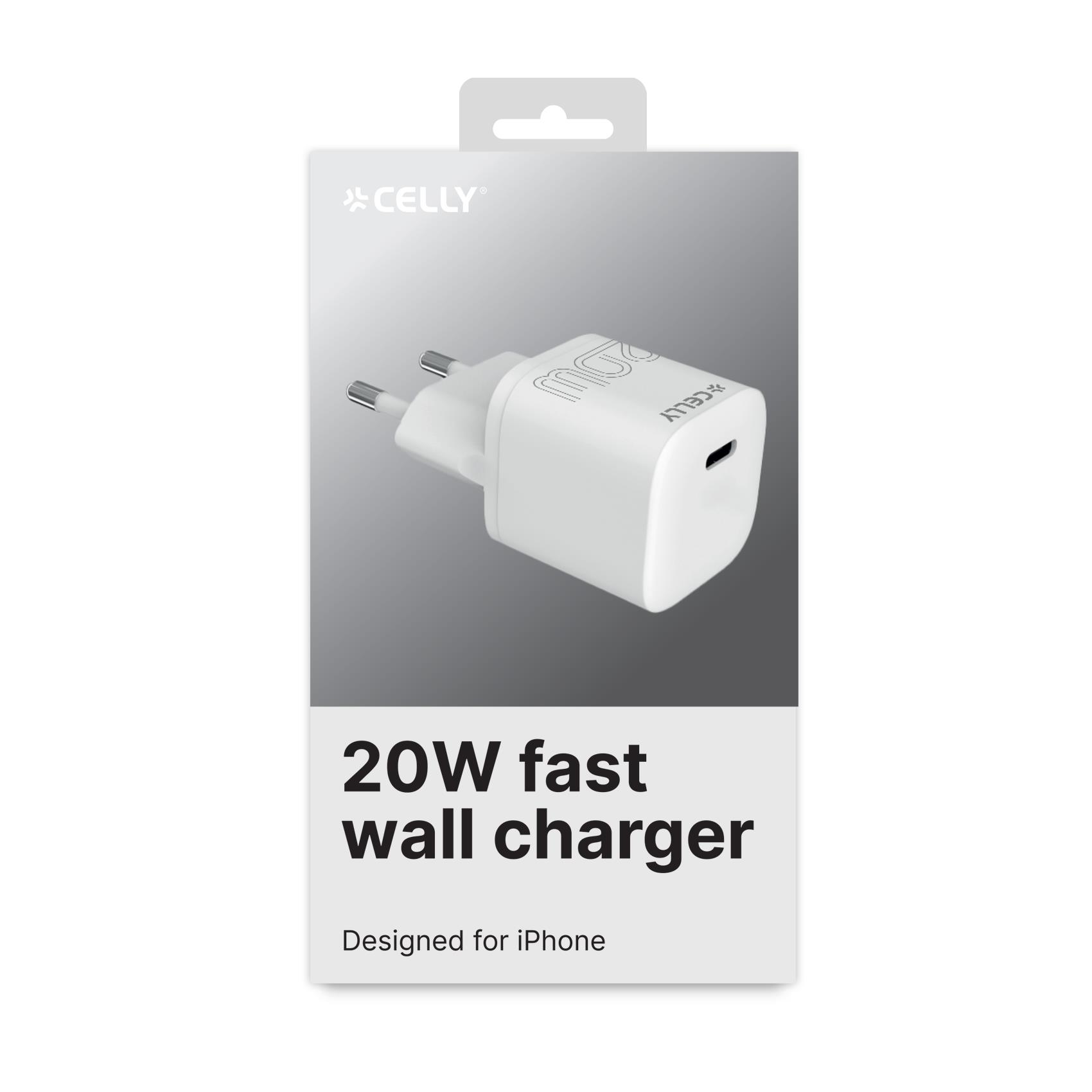aricatore da muro Celly USB-C da 20W, di colore bianco, mostrato di tre quarti per evidenziarne il design compatto e la singola porta USB-C. aricatore da muro Celly USB-C da 20W, di colore bianco, mostrato di tre quarti per evidenziarne il design compatto e la singola porta USB-C.