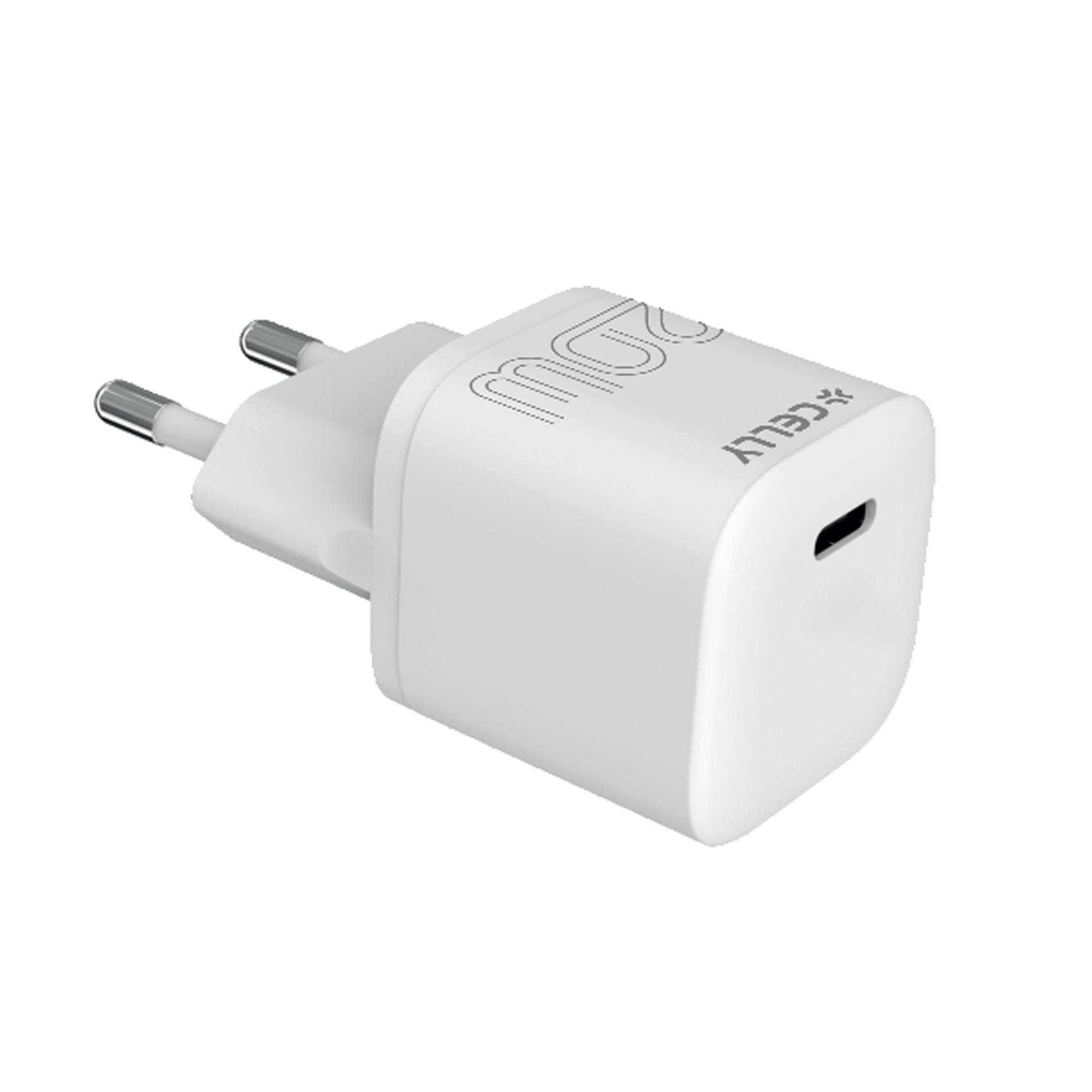 aricatore da muro Celly USB-C da 20W, di colore bianco, mostrato di tre quarti per evidenziarne il design compatto e la singola porta USB-C. aricatore da muro Celly USB-C da 20W, di colore bianco, mostrato di tre quarti per evidenziarne il design compatto e la singola porta USB-C.