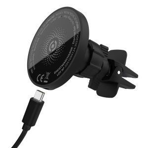 Il kit completo Celly Ghostmagcharge: il supporto a disco nero, il cavo USB e il potente adattatore per accendisigari da 20W.