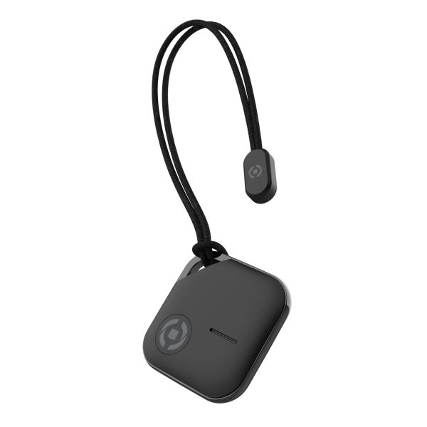 Il localizzatore di oggetti Celly SMARTFINDER in colorazione nera, che evidenzia il suo design sottile e il pratico foro per portachiavi, un vantaggio chiave."