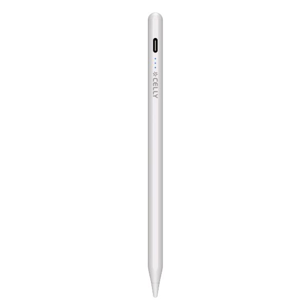 La penna attiva universale Celly SWUNIMAGICPEN di colore bianco, mostrata accanto alla sua punta di ricambio e al cavo di ricarica USB-C.