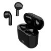 Gli auricolari true wireless Celly MINI di colore Azzurro Cielo mostrati accanto alla loro custodia di ricarica ultra-compatta, con una moneta da 1 euro per confronto dimensionale.