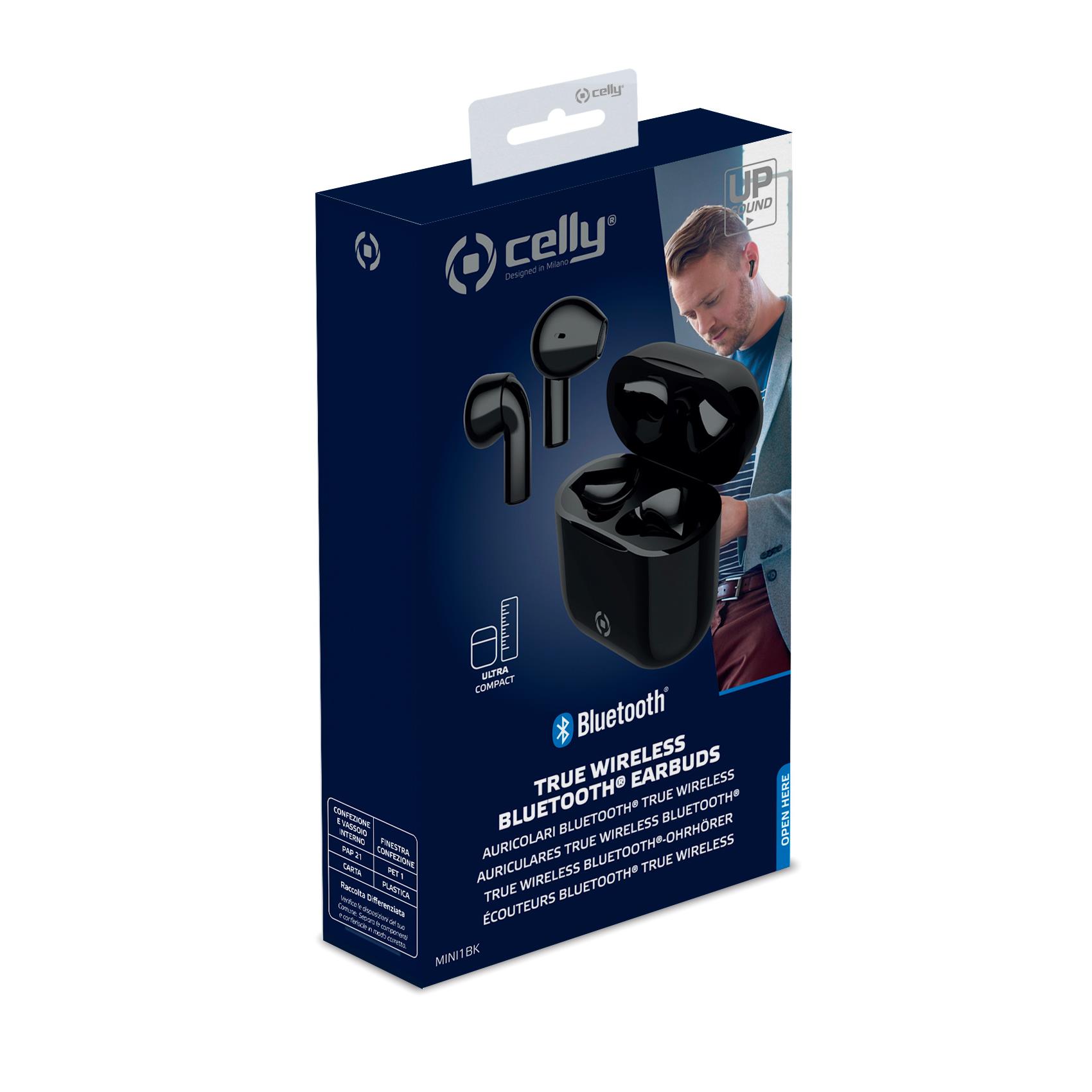 Gli auricolari true wireless Celly MINI di colore Azzurro Cielo mostrati accanto alla loro custodia di ricarica ultra-compatta, con una moneta da 1 euro per confronto dimensionale. Gli auricolari true wireless Celly MINI di colore Azzurro Cielo mostrati accanto alla loro custodia di ricarica ultra-compatta, con una moneta da 1 euro per confronto dimensionale.