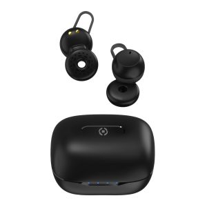 Gli auricolari true wireless AURA AMBIENTAL di colore grigio grafite, mostrati accanto alla loro custodia di ricarica dal design moderno e compatto.