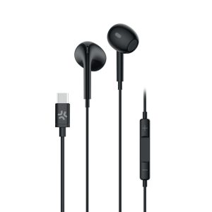 Gli auricolari cablati Celly UP1300TYPEC di colore NERO, che mostrano le capsule in-ear, il telecomando su cavo e il connettore USB-C.