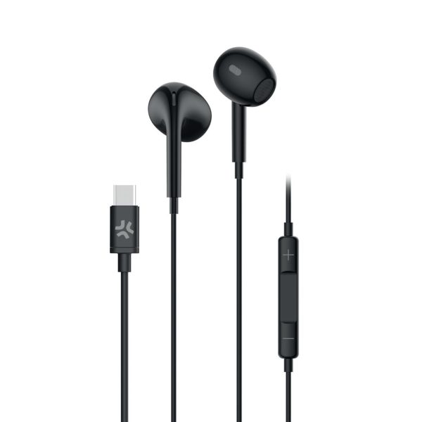 Gli auricolari cablati Celly UP1300TYPEC di colore NERO, che mostrano le capsule in-ear, il telecomando su cavo e il connettore USB-C.