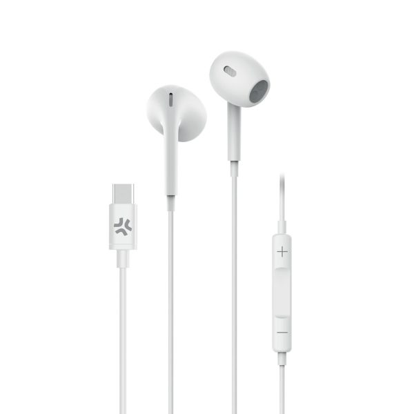 Gli auricolari cablati Celly UP1300TYPEC di colore bianco, che mostrano le capsule in-ear, il telecomando su cavo e il connettore USB-C.