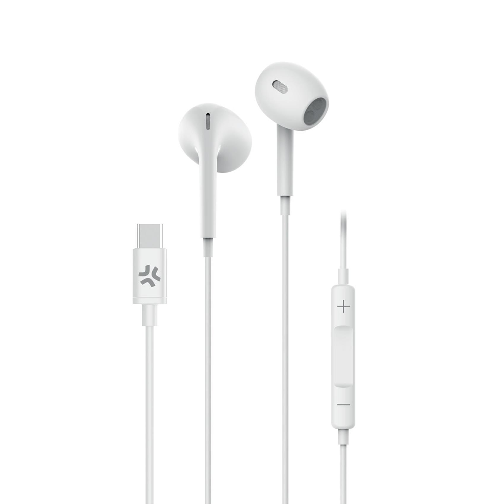 Gli auricolari cablati Celly UP1300TYPEC di colore bianco, che mostrano le capsule in-ear, il telecomando su cavo e il connettore USB-C.