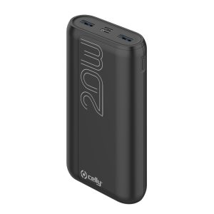 Il power bank Celly PRO POWER EVO da 20000mAh in colorazione nera, con la sua finitura testurizzata anti-graffio e le sue tre porte di uscita ben visibili."