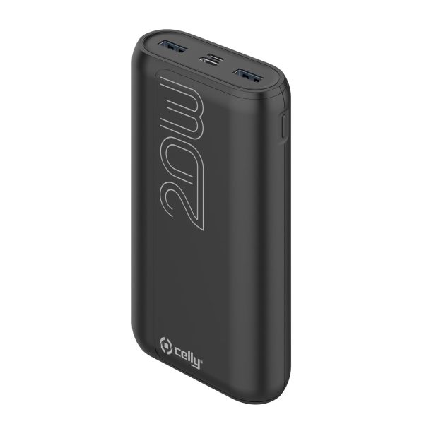 Il power bank Celly PRO POWER EVO da 20000mAh in colorazione nera, con la sua finitura testurizzata anti-graffio e le sue tre porte di uscita ben visibili."