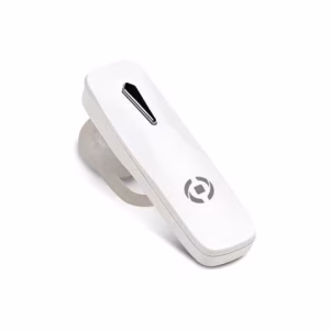 Auricolare bluetooth monofonico BH10 di colore bianco, visto di profilo per mostrare il suo design ergonomico e il tasto multifunzione centrale. Lo sfondo è neutro per esaltarne le linee pulite."
