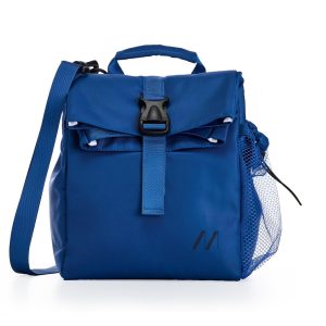 La borsa termica da 15L MUITOMAS nel colore blu ottanio, mostrata piena e robusta, con la sua tracolla e le tasche ben visibili.