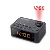 Radiosveglia con proiettore Muse M-178 P su un comodino, con il suo display LED bianco che mostra l'orario e un design moderno ed elegante.