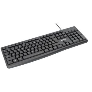 Tastiera USB Nilox Tech di colore nero, vista dall'alto per mostrare in modo chiaro e completo il layout QWERTY italiano a 105 tasti.