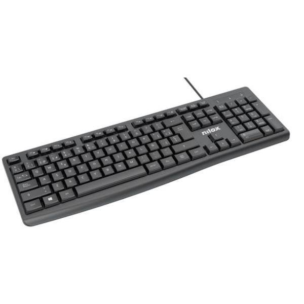 Tastiera USB Nilox Tech di colore nero, vista dall'alto per mostrare in modo chiaro e completo il layout QWERTY italiano a 105 tasti.