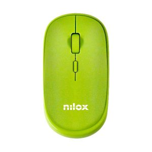 Il mouse wireless Nilox Tech di colore green, con il suo design ambidestro, mostrato accanto al suo piccolo ricevitore nano USB.