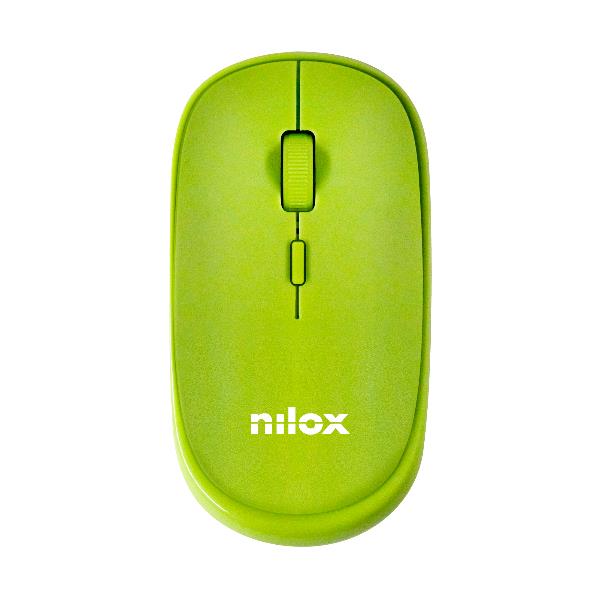 Il mouse wireless Nilox Tech di colore green, con il suo design ambidestro, mostrato accanto al suo piccolo ricevitore nano USB.