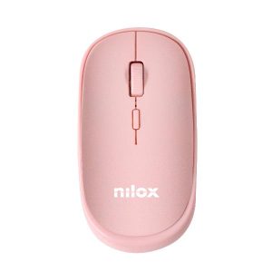 Il mouse wireless Nilox Tech di colore PINK, con il suo design ambidestro, mostrato accanto al suo piccolo ricevitore nano USB.
