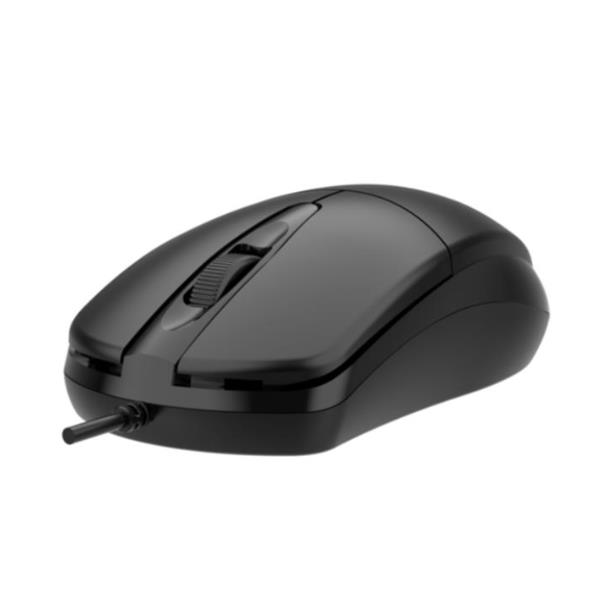 Il mouse USB Nilox Tech di colore nero, visto dall'alto per mostrare il suo design simmetrico e ambidestro e la rotellina di scorrimento.