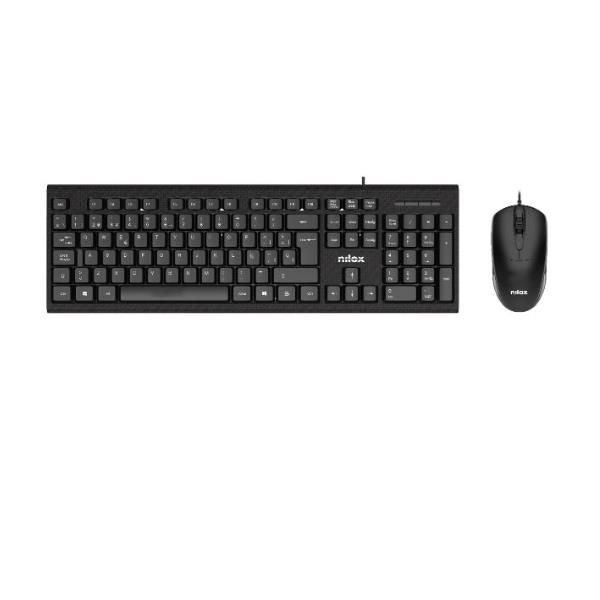 Il kit Nilox Tech con la tastiera USB e il mouse USB neri, disposti ordinatamente su uno sfondo bianco per mostrarne il design coordinato.