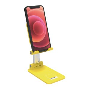 Il supporto da scrivania Celly Pantone nel colore Blu Balena, mostrato sia in posizione aperta che ripiegato su se stesso per evidenziarne la portabilità.