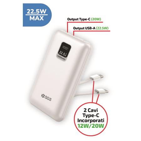 Power bank bianco da 10000mAh modello PWRBK10CAB-WH con i suoi due cavi USB-C integrati estratti, pronto all'uso.