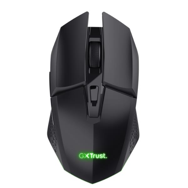 Mouse da gaming wireless Trust GXT 110 FELOX nero su un tappetino da gaming, senza cavi, con la sua illuminazione RGB personalizzata attiva.