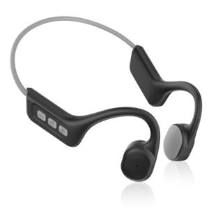 Le cuffie a conduzione ossea SAIET Ear Free, con la loro montatura nera in titanio e il design ergonomico che si appoggia davanti alle orecchie."