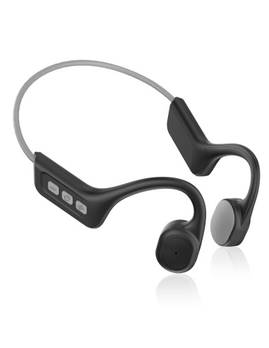 Le cuffie a conduzione ossea SAIET Ear Free, con la loro montatura nera in titanio e il design ergonomico che si appoggia davanti alle orecchie."