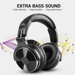 Le cuffie da studio OneOdio Pro 10 con finitura nera e accenti rossi. L'immagine evidenzia i grandi padiglioni over-ear e la robusta struttura dell'archetto."