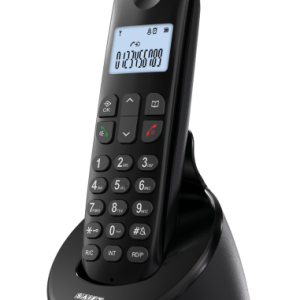 Il telefono cordless SAIET Easy dal design moderno e minimalista, mostrato elegantemente alloggiato nella sua base di ricarica."