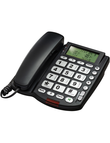 Il telefono fisso SAIET Maxi in colorazione bianca. L'immagine evidenzia la tastiera con i suoi pulsanti extra-large e l'ampio display a 3 righe."