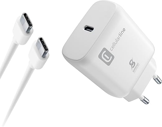 Caricatore da rete Cellularline Super Fast Charger 25W USB-C di colore nero, con la singola porta USB-C frontale.