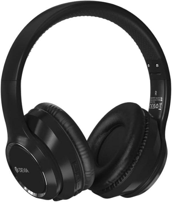 Cuffie wireless DEVIA EM039 V2 nere, in posizione aperta, che mostrano il padiglione Over-Ear e l'archetto regolabile.
