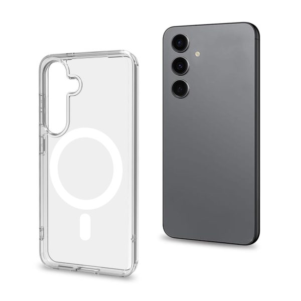 La cover trasparente Celly GELSKINMAG per Samsung Galaxy S25, che mostra chiaramente l'anello magnetico bianco integrato al suo interno.