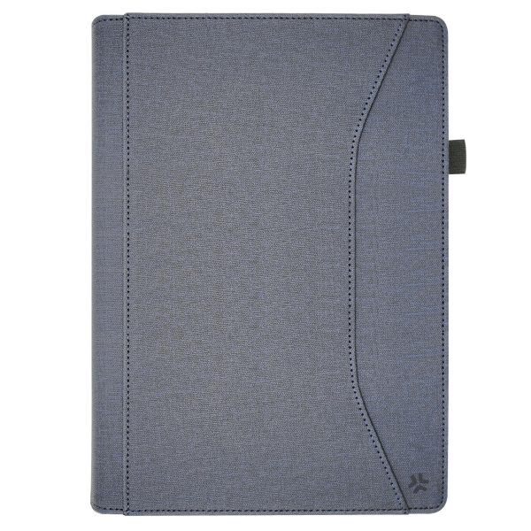 Custodia Folio Universale Celly UNIFOLIOTAB11BL di colore blu, aperta in modalità stand, con tablet da 10 pollici fissato all'interno, mostrando uno dei 3 angoli di visualizzazione.