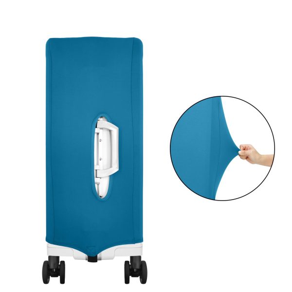 Il coprivaligia MUITOMAS di colore BLU OTTANIO, mostrato mentre avvolge perfettamente un moderno trolley da stiva, evidenziandone la vestibilità aderente.