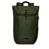 Foto dello Zaino Nilox Tech 15.6" Green Outdoor (NXBPODECO). Zaino porta notebook di colore verde scuro, realizzato in poliestere riciclato (RPET). Dettaglio della chiusura roll-top con gancio e del manico superiore in plastica nera. Visibile il logo NILOX in basso. Adatto per PC 15.6 pollici, con funzionalità di porta USB esterna e resistenza agli spruzzi d'acqua.