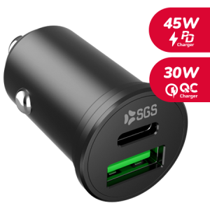 Primo piano delle porte di ricarica USB-C Power Delivery e USB-A Quick Charge 3.0 del caricatore SGS 75W.