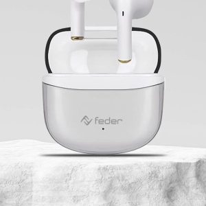Coppia di auricolari FEDER BUBBLE TWS neri, in posizione aperta, con la custodia di ricarica che mostra il coperchio superiore trasparente e gli auricolari all'interno.