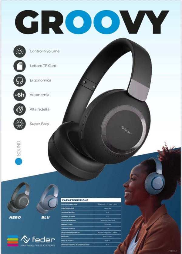 Auricolari Bluetooth Groovy neri con archetto stabilizzante e cavo resistente al sudore, ideali per la corsa.