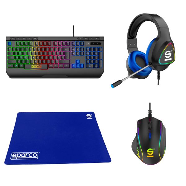 Kit Gaming 4in1 SPARCO POLE POSITION completo: tastiera, mouse DPI, mousepad, e cuffie over-ear con LED. Tutti gli accessori mostrano il logo ufficiale Sparco e illuminazione RGB.