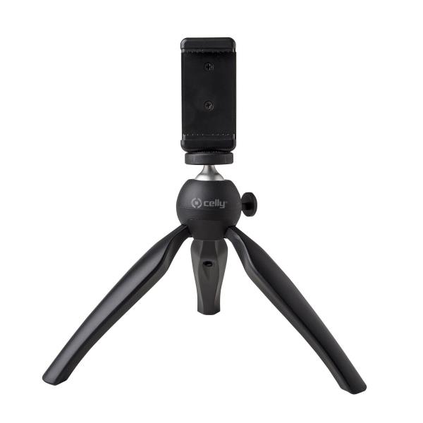 Mini treppiede da tavolo Celly CLICKTRI nero con gambe chiuse, mostrando la sua estrema compattezza e il morsetto universale.